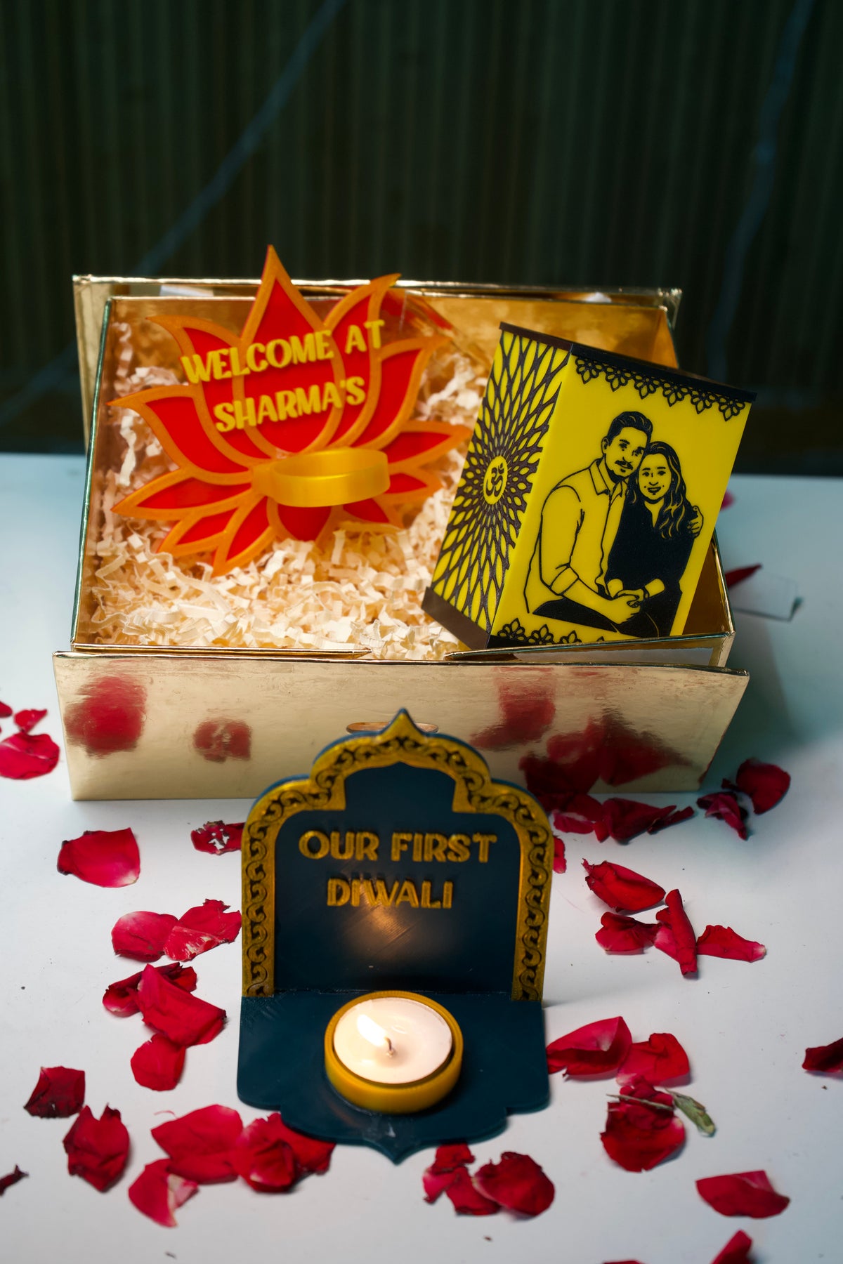 Personalised Diwali Hamper | Photo Lamp + Name Diya Holder + LED Diya