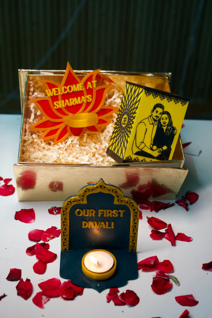 Personalised Diwali Hamper | Photo Lamp + Name Diya Holder + LED Diya