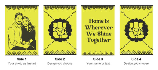 The 4 sides of the Diwali lamp: your photo as line art, your design, your text, your design